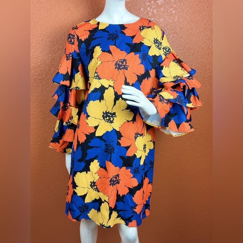 Koandaily Floral Ruffle Sleeve Dress - Blue, Yellow, Orange Size Medium. E27